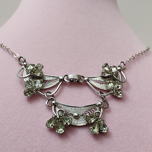 Vintage ESPO Sterling Silver Filigree Rhinestone Necklace 21" - Picture 4 of 13